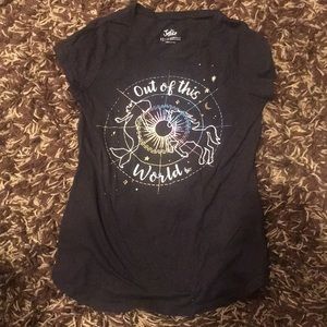 black t-shirt with design on front